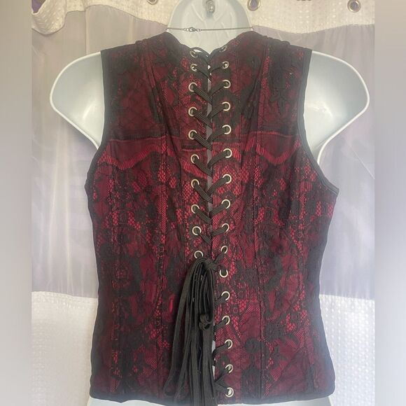 Lip Service Black and Red Lace Corset Tank Hook and Eye closure Lace Up Back - Picture 6 of 9